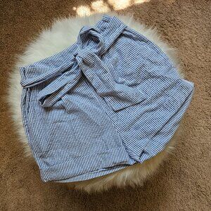 High Waisted Tie Belt Pin Seersucker Striped Paper Bag Shorts